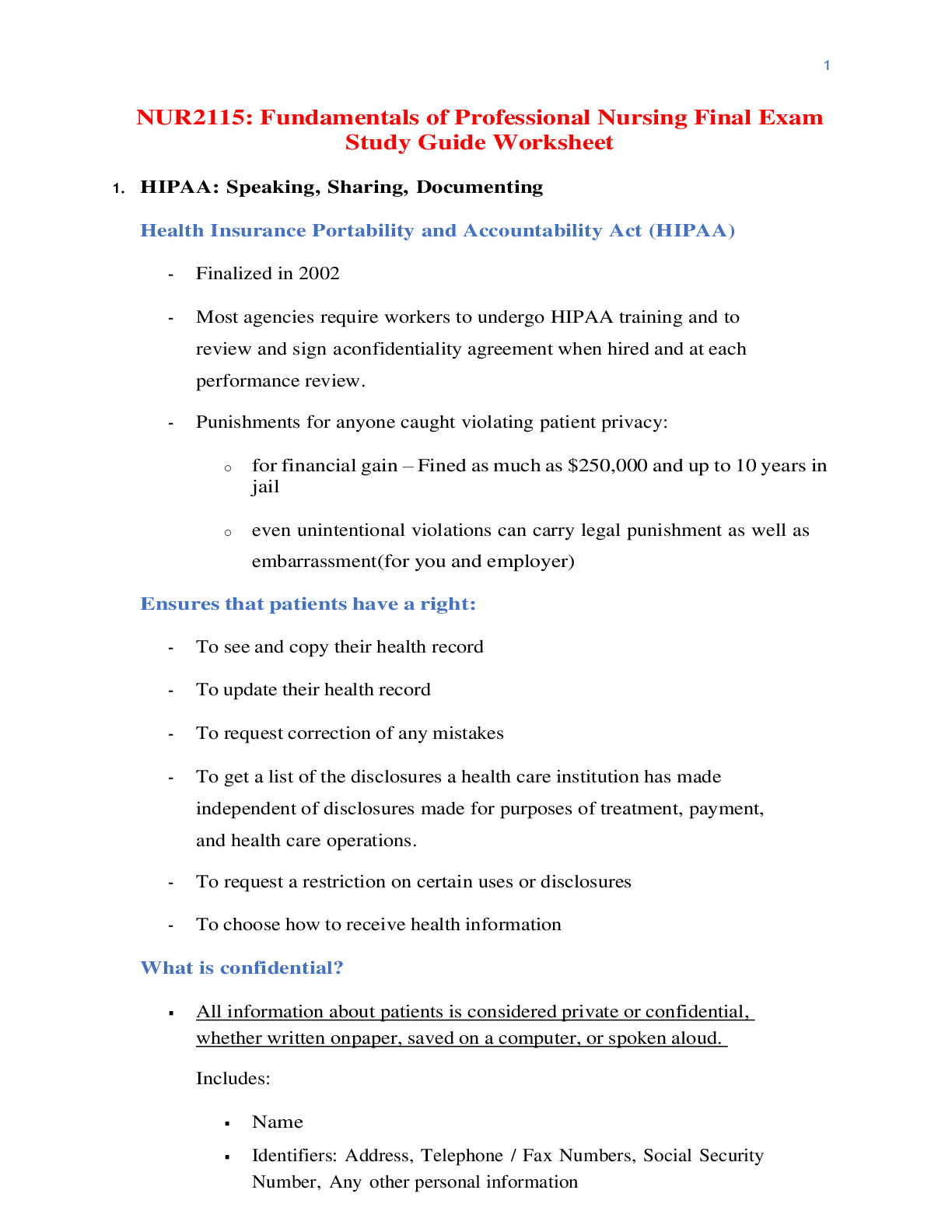 NUR 2115 / NUR2115 Fundamentals of Professional Nursing Final Exam